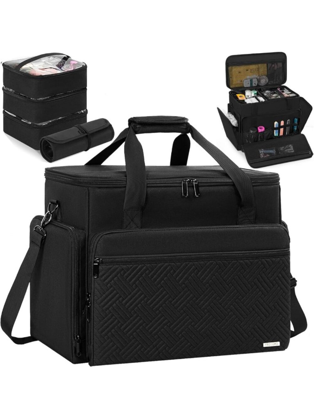 Extra Large Makeup Organizer with 4 Removable Pouches & Brush Holder - Travel